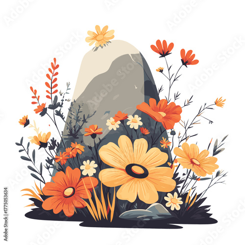 Memorial stone adorned with vibrant flowers, a symbol of remembrance and eternal peace   , vector style simple color