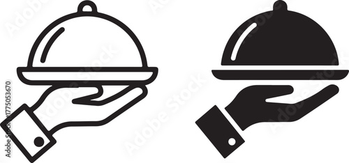 Serving cloche icon: a hand holding a covered dish, presented in both outline and solid black styles for versatile use. isolated on white background, Vector, illustration