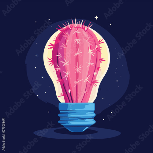 Creative concept of vibrant pink cactus inside a lightbulb, innovation and new ideas   , vector style simple color