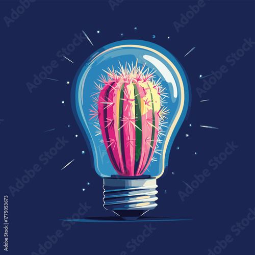 Creative concept of vibrant pink cactus inside a lightbulb, innovation and new ideas   , vector style simple color
