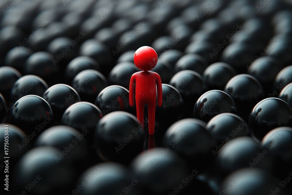 Fototapeta premium Red glossy human figure standing out among numerous glossy black spheres representing uniqueness and individuality
