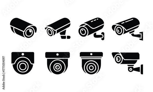 Set of Black Surveillance (CCTV) Camera Icons, Security Camera Glyph Collection, CCTV Monitoring System Icons, silhouette, illustration, vector.