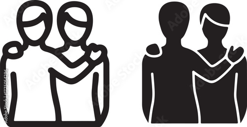 Two simplified people icons, one outlined and one solid silhouette, with arms around each other's shoulders, symbolizing friendship and support. isolated on white background, Vector, illustration