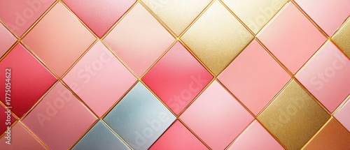 Close-up of metallic square tiles arranged in a diagonal pattern featuring shades of pink, red, gold, and blue with textured surfaces
