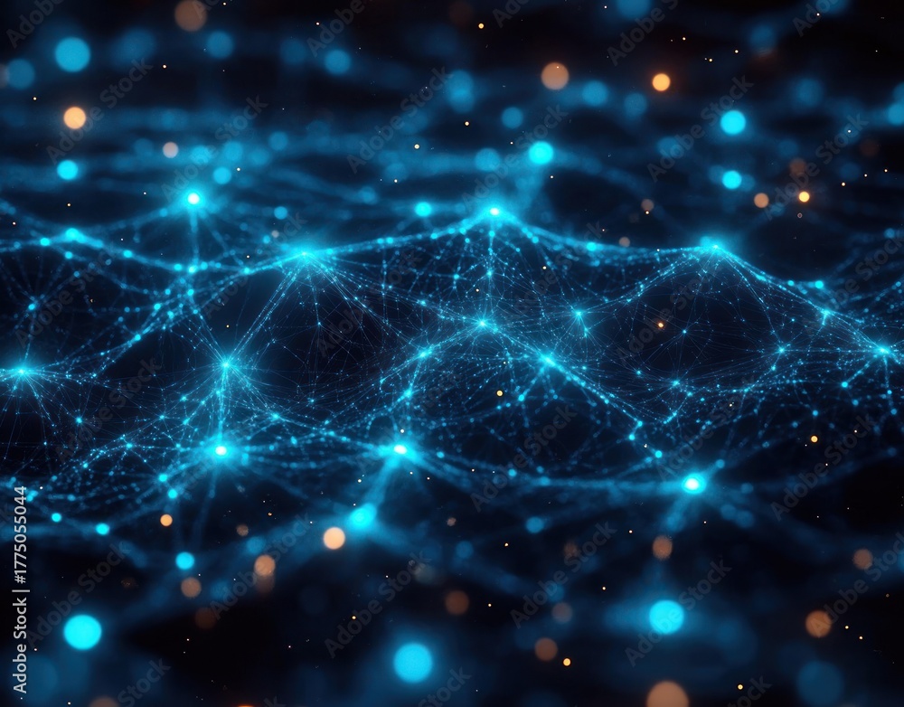 Fototapeta premium Glowing blue interconnected network nodes forming a complex web pattern on a dark background with scattered orange light particles