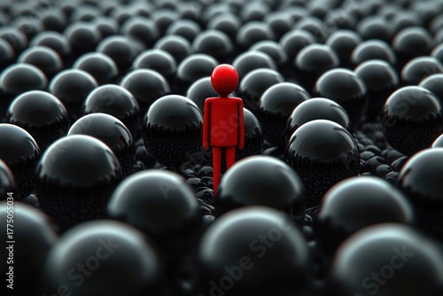 Red humanoid figure standing alone among numerous large glossy black spheres on a dark textured surface, conveying isolation and contrast
