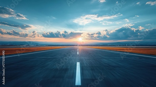 Empty runway stretching into the horizon under a partly cloudy sky at sunset with mountains in the distance