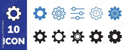 Gear setting icon set, collection of different style vector icons, with white, blue, and black colors