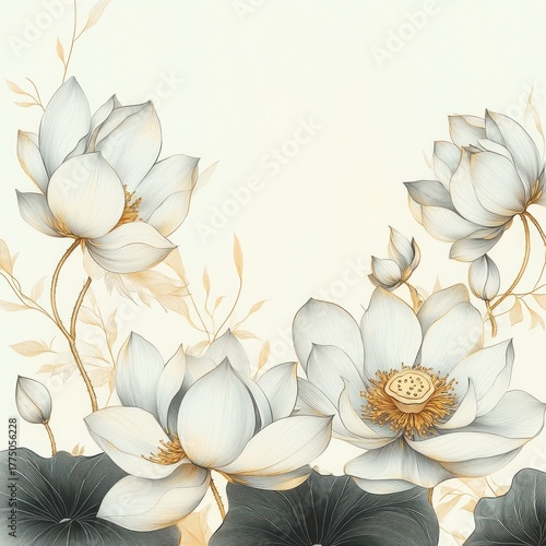 Delicate arrangement of soft white and beige lotus flowers with detailed petals and golden accents on stems and subtle leaves on a light background