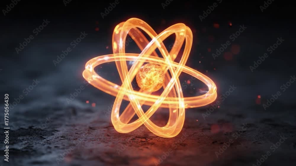 Atomic Abstraction: A captivating visualization of an atom, radiating a warm, fiery energy against a textured surface, illustrating the essence of scientific understanding.