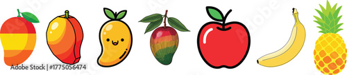 Colorful Fruit Collection: Mango, Apple, Banana, and Pineapple Illustration Set