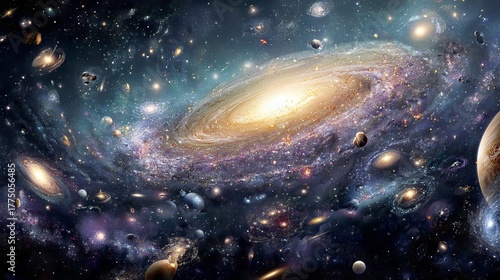 A vast, swirling galaxy dominates a star-speckled space, with other galaxies and celestial bodies scattered throughout