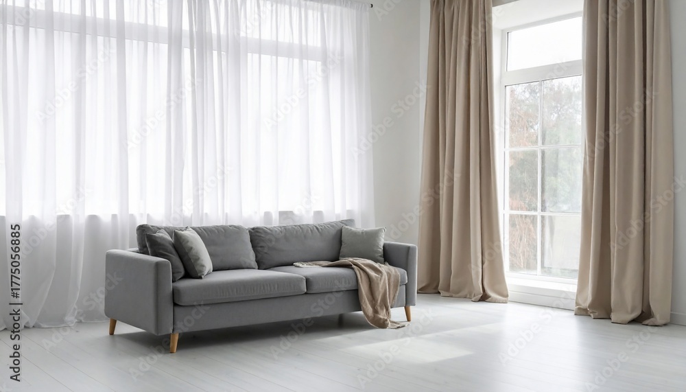 Fototapeta premium Minimalist living room design with gray sofa, curtains, and natural light flowing through windows