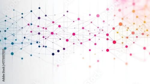 Abstract network of interconnected colorful nodes and lines forming a web-like structure on a white background conveying complexity and connectivity