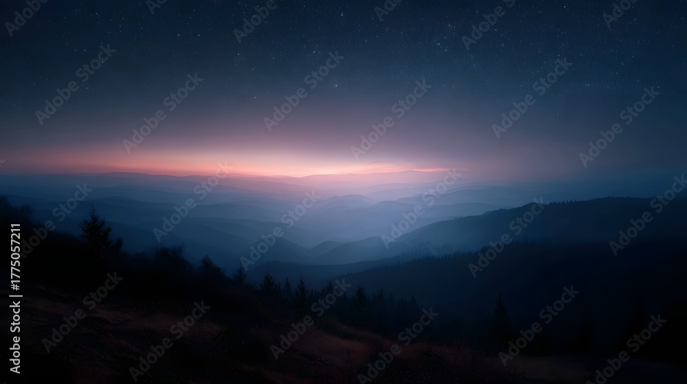 Naklejka premium Twilight mountain landscape bathed in soft gradient light with a starry night sky overhead and atmospheric mist