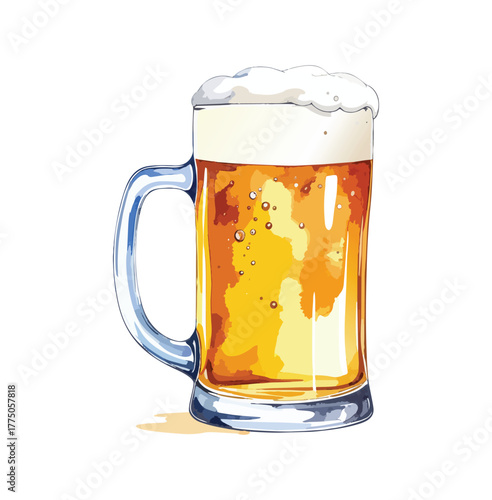Watercolor illustration of beer with foam in a glass mug. Harvest festival, Oktoberfest beer festival