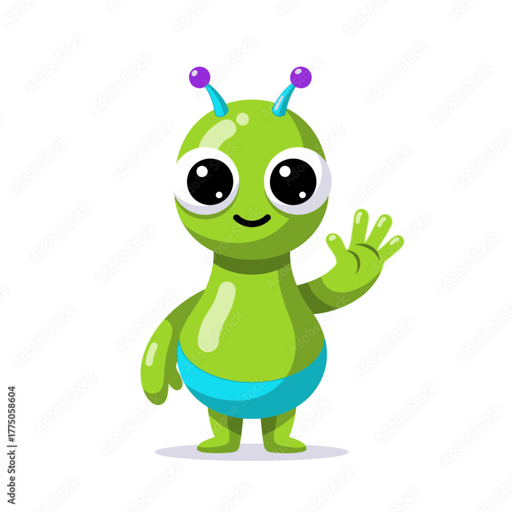 Obraz premium Friendly green alien waving hello with a smile.