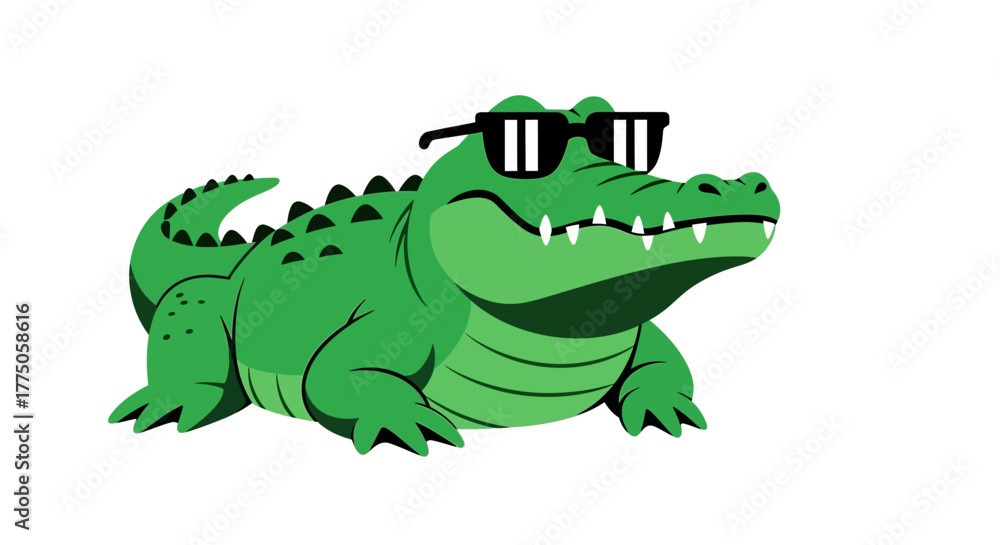 Obraz premium Green alligator wearing sunglasses looking cool and relaxed.