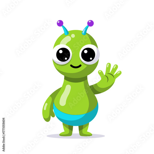 Friendly green alien waving hello with a smile.