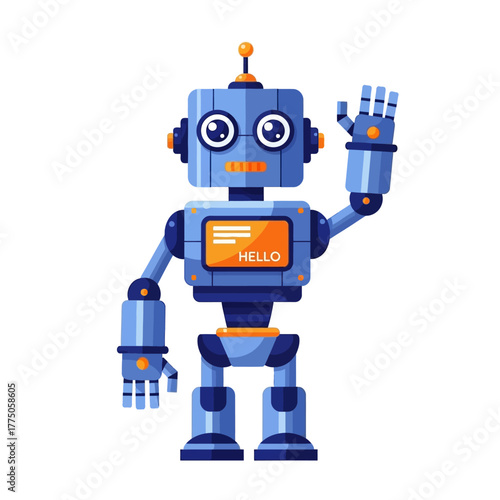 Friendly robot waving hello with orange screen and blue body.