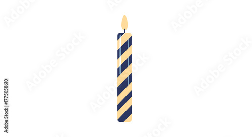 A single, lit birthday candle with blue and yellow diagonal stripes, perfect for celebrations and festive occasions.