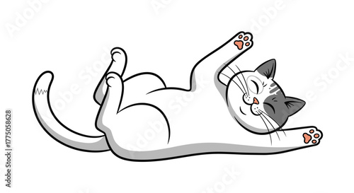 A cute white and grey cat stretching happily on its back with its paws up and eyes closed, enjoying a moment of relaxation.