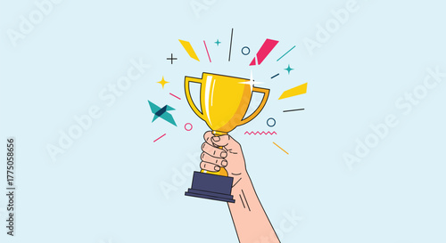 A triumphant hand proudly raises a gleaming golden trophy surrounded by festive celebratory elements, symbolizing success and achievement.