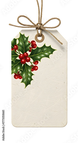 Rustic holiday gift tag with a festive holly and red berry illustration, tied with a natural twine bow. Vintage style Christmas label for presents, isolated on a white background
