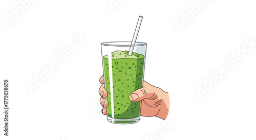 A cartoon hand holds a tall glass of a bubbly green smoothie with a straw, symbolizing a fresh, healthy, and refreshing drink.
