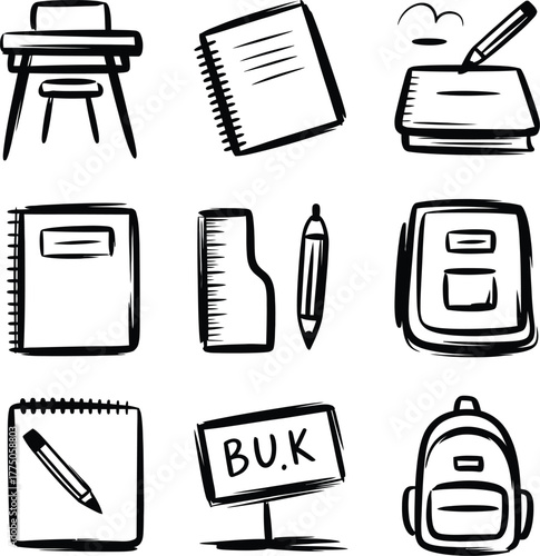 School supplies doodle collection school desk stool