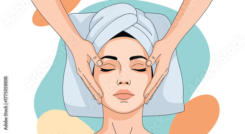 A woman with a towel on her head receives a relaxing facial massage, enjoying a moment of pampering and beauty treatment at a spa.