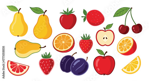 A vibrant assortment of fresh and colorful fruits, featuring apples, pears, strawberries, cherries, citrus, and plums.
