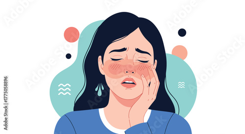 A distressed young woman clutches her cheek, experiencing severe facial pain or toothache, with noticeable redness on her face, symbolizing discomfort and illness.