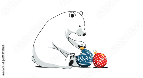 A cute polar bear sits on the ground, gently holding a blue Christmas ornament, with a red one beside it, preparing for the holidays.