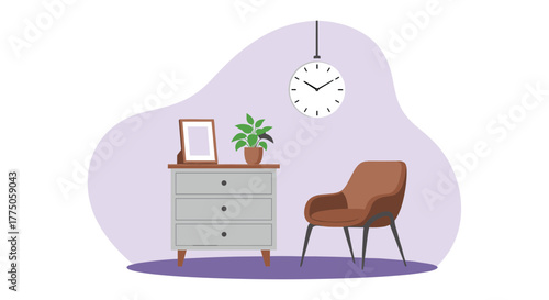 A minimalist and modern interior scene featuring a chest of drawers with a plant and frame, a cozy armchair, and a wall clock on a purple background.