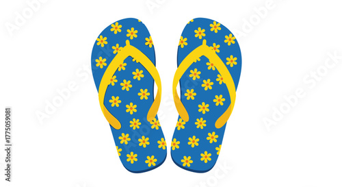 A pair of blue flip-flops with yellow floral patterns and bright yellow straps, perfect for summer vacations and beach activities.