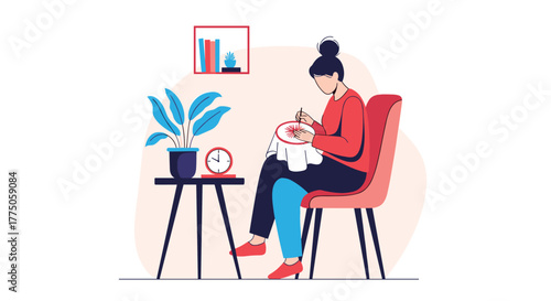 A woman sitting comfortably at home, enjoying a relaxing hobby of embroidery, with a plant and clock on a nearby table.
