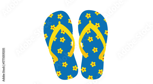A pair of vibrant blue flip-flops with yellow straps and a cheerful floral pattern, perfect for summer holidays and beach outings.