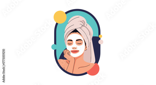 A relaxed young woman with a face mask and a towel wrapped around her hair enjoys a moment of self-care and beauty treatment.