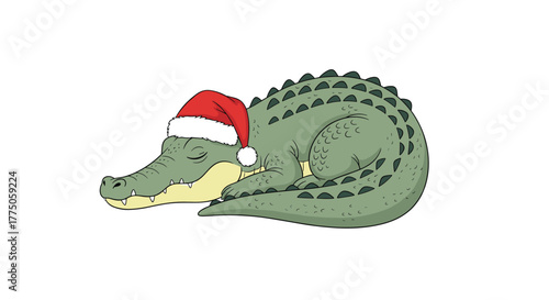 A cute cartoon alligator in a festive Santa hat is peacefully sleeping, curled up on a white background, ready for the holiday season.