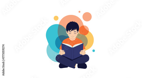 A young boy with closed eyes sits cross-legged, deeply immersed in reading a book, surrounded by colorful, abstract shapes.