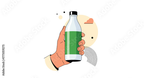 A cartoon illustration depicts a hand gripping a plain white bottle with a prominent green label, surrounded by minimalist abstract shapes and elements.