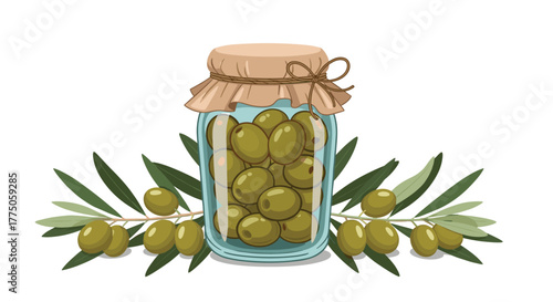 A glass jar filled with green olives, covered with a rustic fabric lid and twine, sits between two leafy olive branches with more olives.