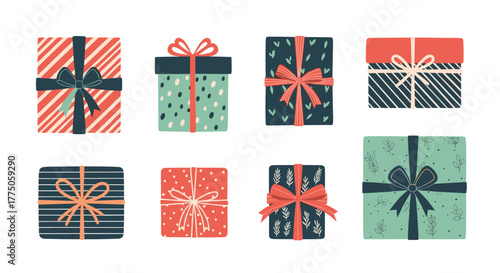 A collection of colorful and festive gift boxes with diverse patterns and ribbons, perfect for various celebrations and holidays.