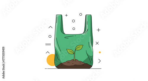 A small green plant sprout grows from rich soil inside a crinkled green plastic bag, symbolizing biodegradability and sustainable eco-friendly alternatives.