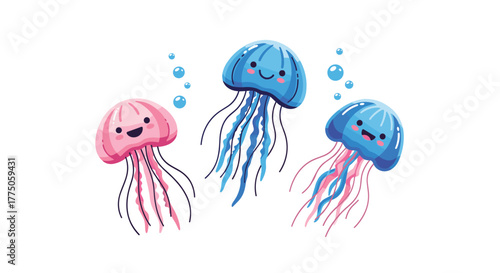 Cute cartoon jellyfish swimming in the ocean with bubbles, depicted in a playful and friendly illustration style.