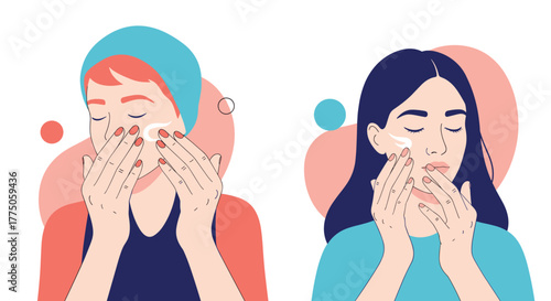 Two women are applying face cream to their cheeks and chin as part of their daily skincare routine, with their eyes closed in concentration.