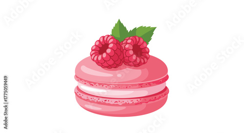 Delicious pink macaron cookie decorated with fresh raspberries and vibrant green mint leaves on a white background.