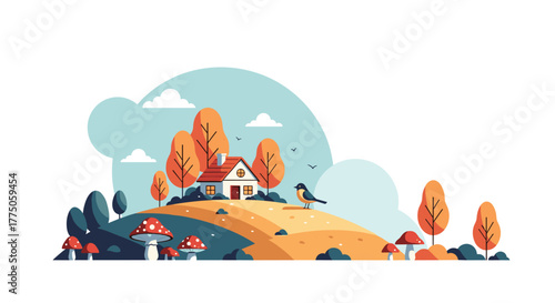 A serene autumn landscape illustration featuring a cozy house nestled on a rolling hill, surrounded by vibrant orange trees, mushrooms, and a small bird.