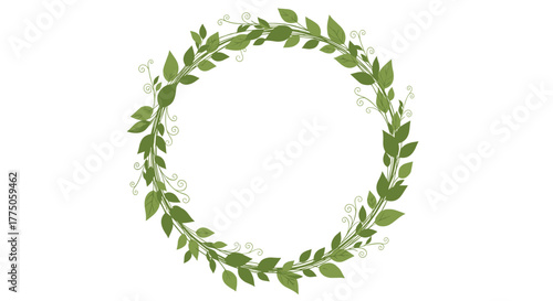 A beautifully illustrated green leafy wreath with delicate vines forms a circular natural frame on a clean white background.